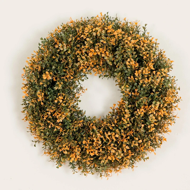 18in. Pre-Lit Autumn Boxwood Artificial Fall Wreath with 25 Warm White LED Lights
