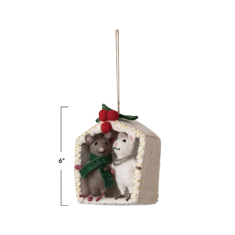 Hello Honey® 6" Handmade Wool Felt Mice Under the Mistletoe Ornament with Embroidery & Beads