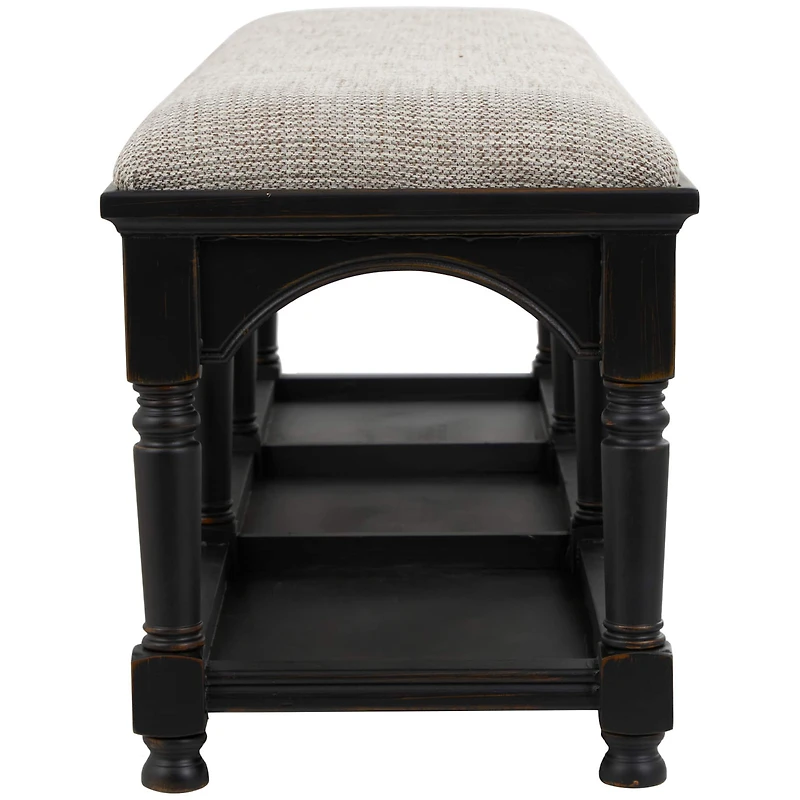 59" Black & Beige Fabric Arched Storage Bench with Traditional Turned Legs