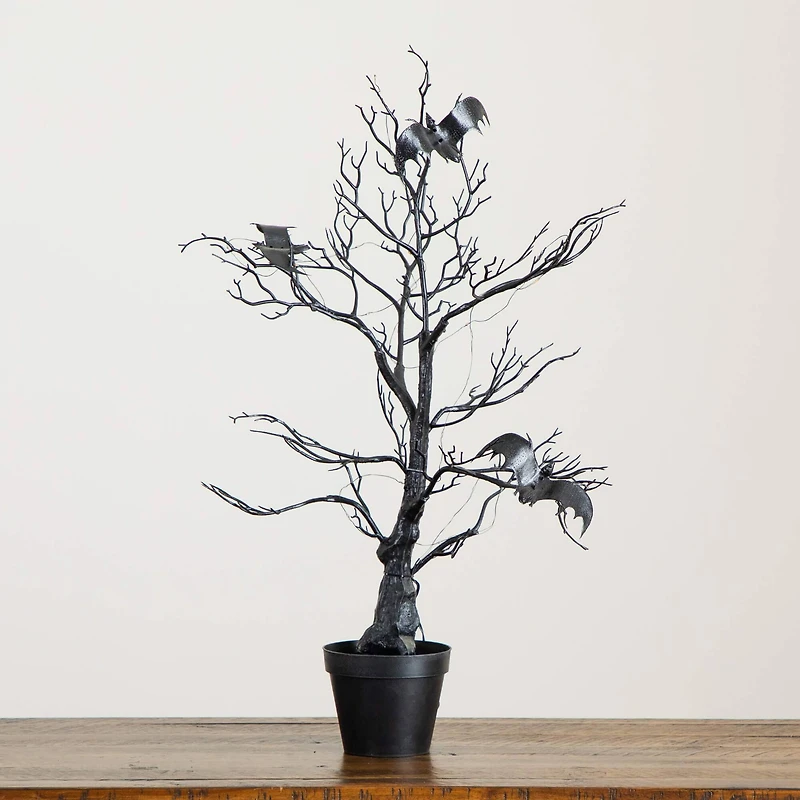2ft. Pre-Lit Artificial Halloween Black Spooky Twig Tree with Bats and 40 Orange & Purple LED Lights