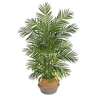 4ft. Areca Artificial Palm Branches in Boho Chic Handmade Cotton & Jute Gray Woven Planter