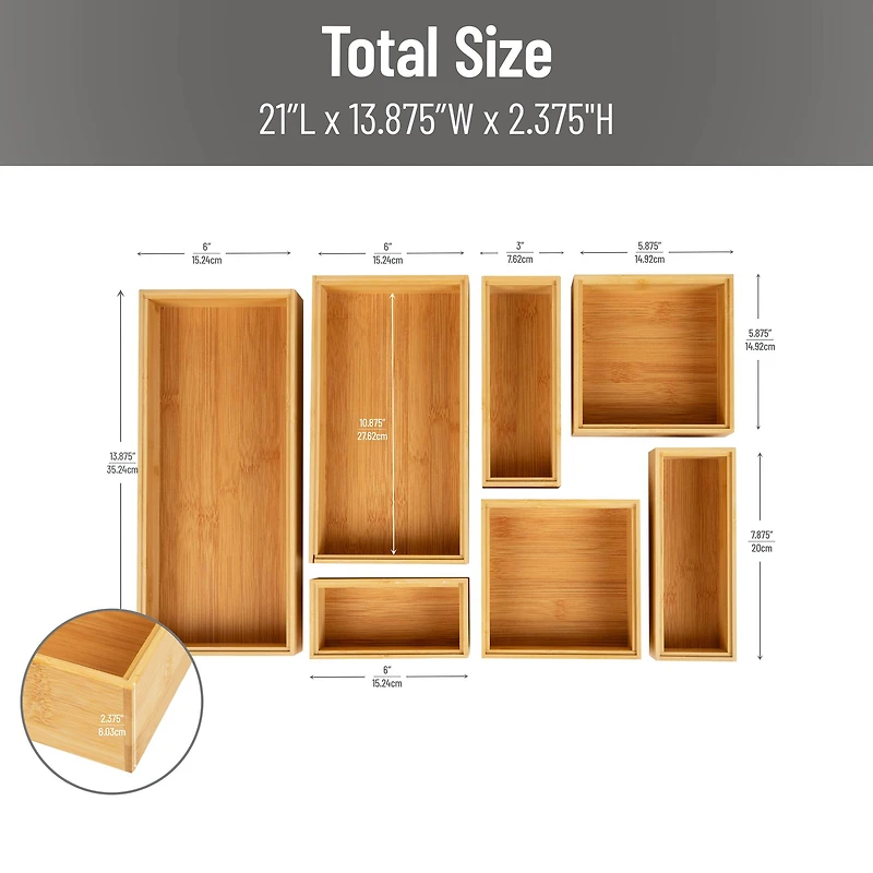 Mind Reader 7-Piece Bamboo Drawer Organizer Set, Brown