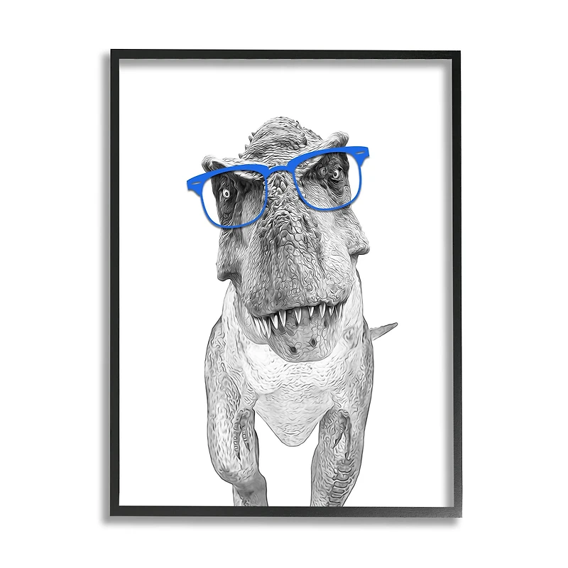 Stupell Industries Adorable T-Rex Dinosaur Blue Glasses Illustration Framed Giclee Art