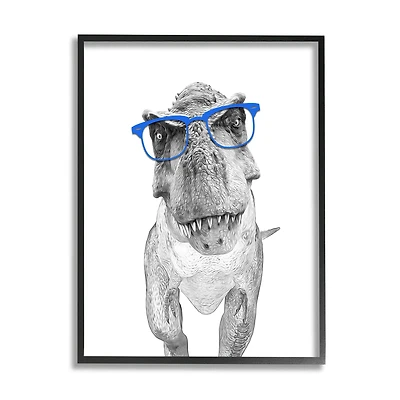 Stupell Industries Adorable T-Rex Dinosaur Blue Glasses Illustration Framed Giclee Art
