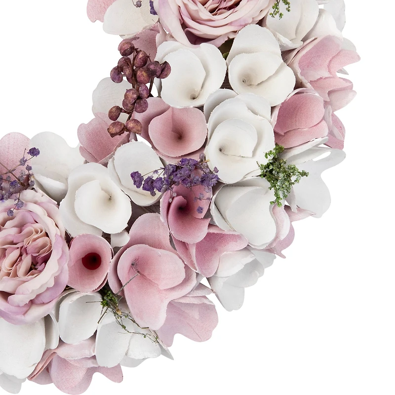 13.5" Pink & White Wooden Floral Spring Artificial Wreath with Berries