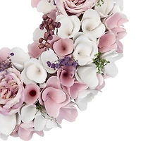13.5" Pink & White Wooden Floral Spring Artificial Wreath with Berries
