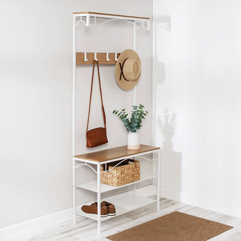 Honey Can Do White/Natural Coat Rack Bench