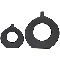CosmoLiving by Cosmopolitan Black Ceramic Round Donut Shaped Vase Set of 2 15", 10"