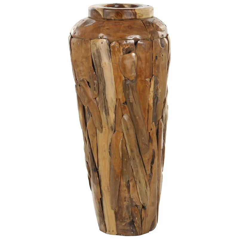 Brown Teak Wood Handmade Tall Floor Vase with Mosaic Live Edge