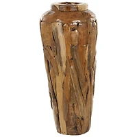 Brown Teak Wood Handmade Tall Floor Vase with Mosaic Live Edge