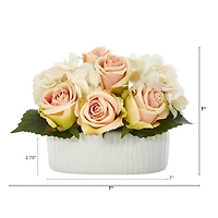7" Rose and Hydrangea Artificial Arrangement in White Vase