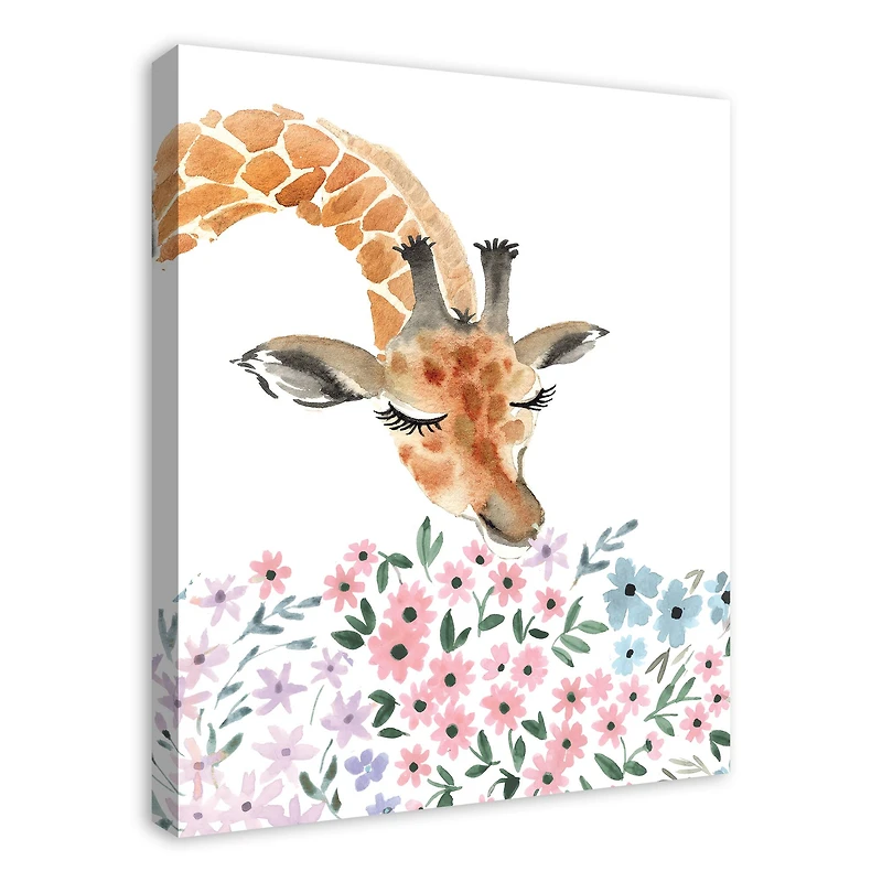 Giraffe Smelling Flowers 24" x 30" Canvas Wall Art
