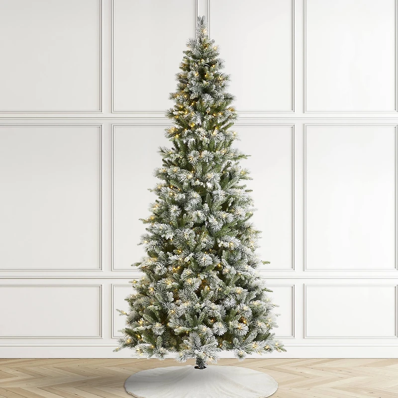 Glitzhome® 9ft Pre-Lit Flocked Slim Pine Artificial Christmas Tree, Warm White LED Lights