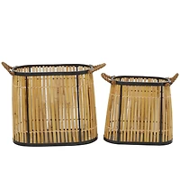 The Novogratz Brown Wicker Handmade Slatted Frame Storage Basket with Handles Set of 2 19", 14"