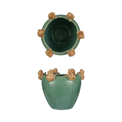 Hello Honey® 7.5" Green & Yellow Reactive Glaze Stoneware Planter with Frogs on Rim