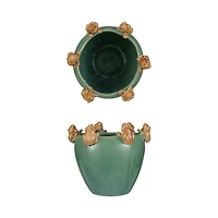 Hello Honey® 7.5" Green & Yellow Reactive Glaze Stoneware Planter with Frogs on Rim