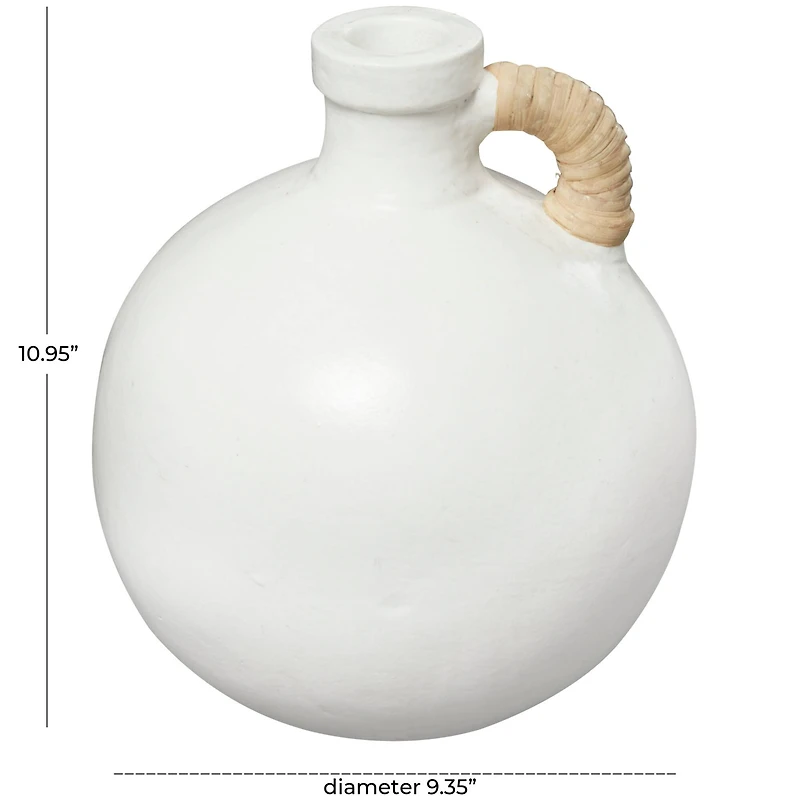 11" White Ceramic Jug Inspired Vase with Rattan Wrapped Handle