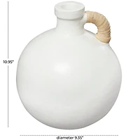 11" White Ceramic Jug Inspired Vase with Rattan Wrapped Handle