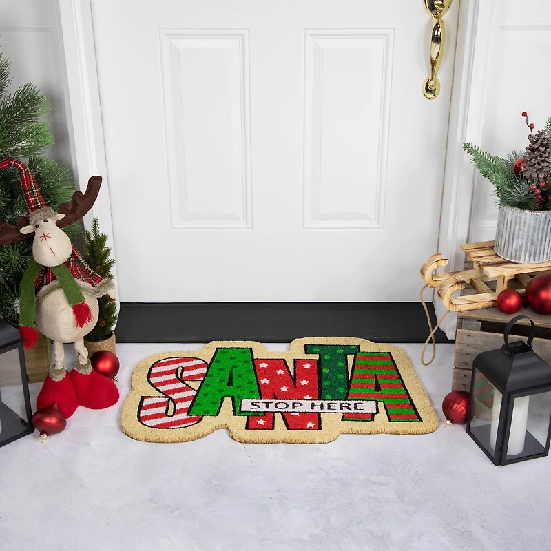 Red and Green "Santa Stop Here" Outdoor Christmas Doormat 18" x 30"