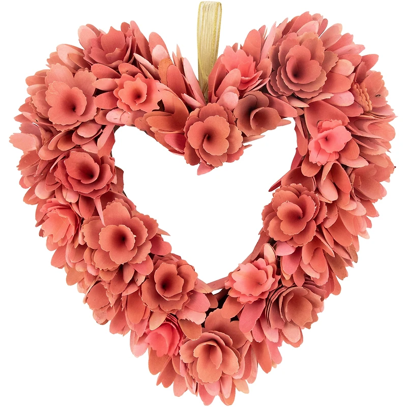 14" Salmon Pink Valentine's Day Wooden Floral Heart Wreath