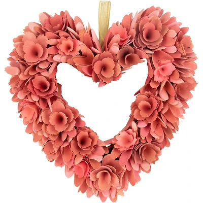 14" Salmon Pink Valentine's Day Wooden Floral Heart Wreath