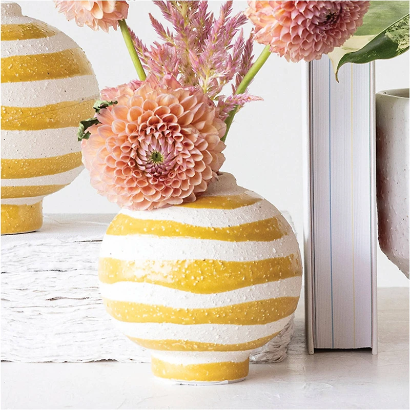 Hello Honey® 4.5" Yellow & White Striped Stoneware Vase with Sphere Shape & Footed Base