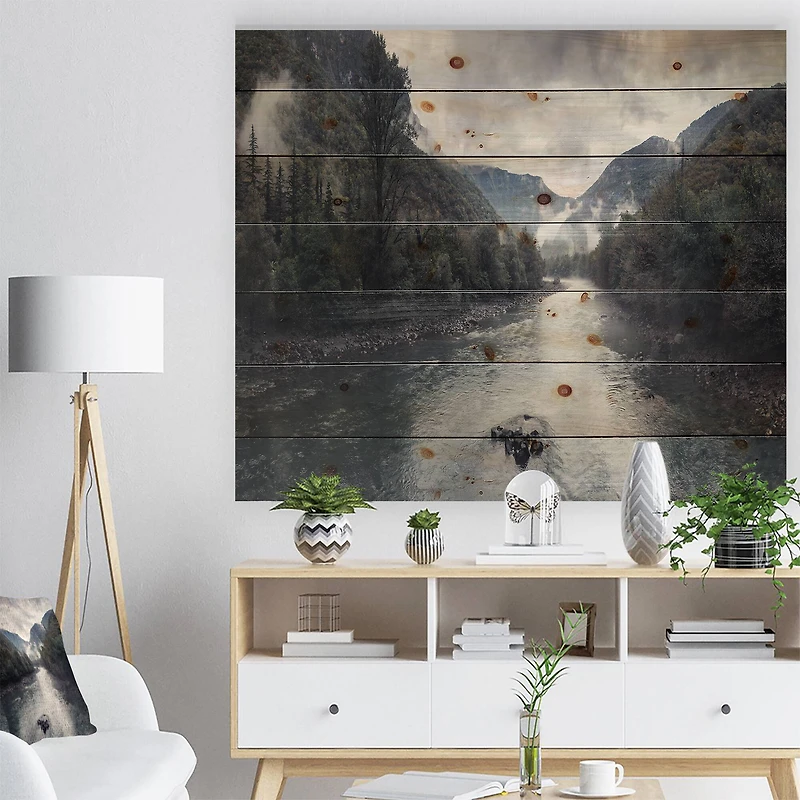 Designart - Mountain River with Fog and Rain