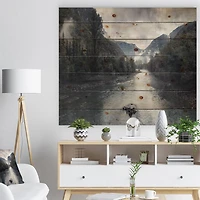 Designart - Mountain River with Fog and Rain