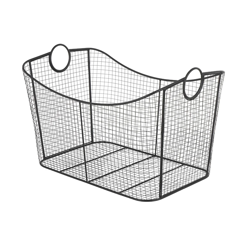 30.25" Black Metal Open Frame Wire Grid Storage Basket with Curved Sides & Ring Handles