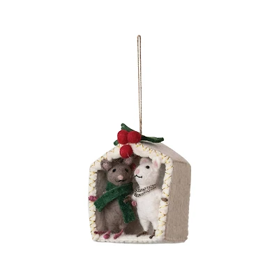 Hello Honey® 6" Handmade Wool Felt Mice Under the Mistletoe Ornament with Embroidery & Beads