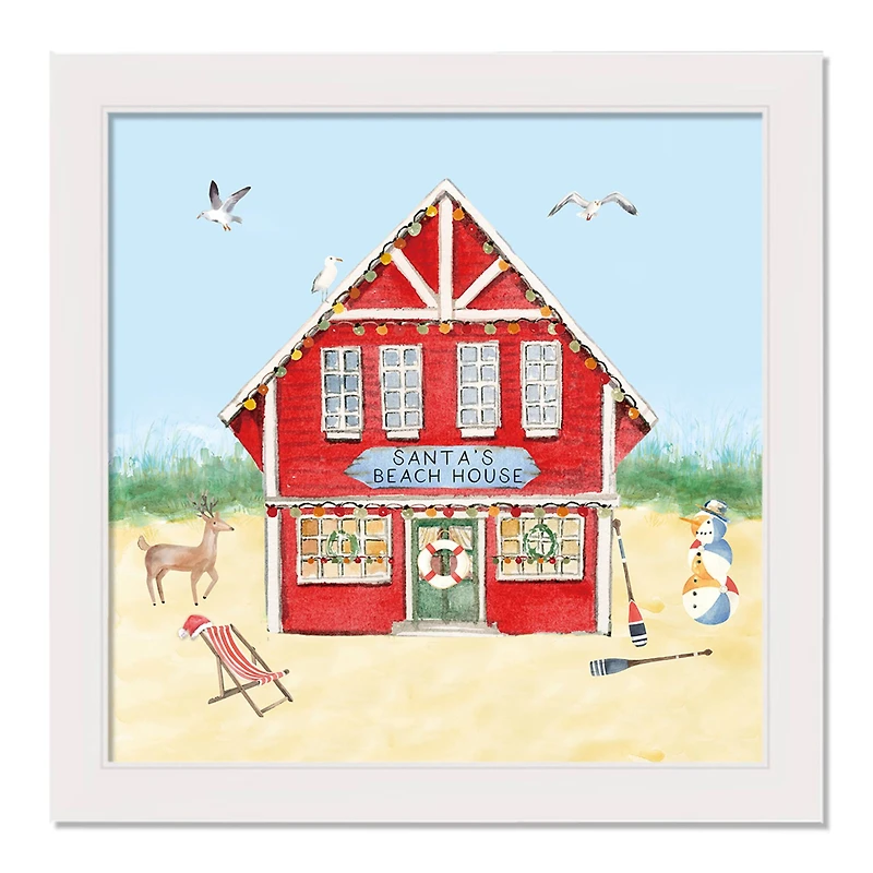 18" Santa's Beach House Christmas White Framed Wall Canvas