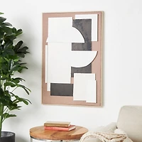25" x 37" Brown Wooden Geometric Wall Art with Abstract Black and White Shapes