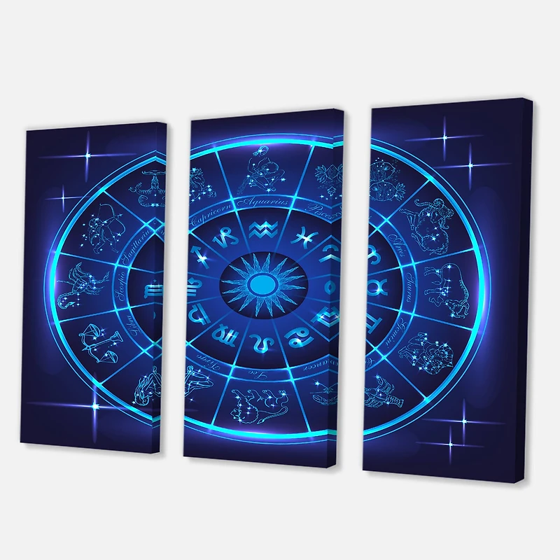 Designart - Neon Deep Blue Horoscope Circle With Zodiac Signs