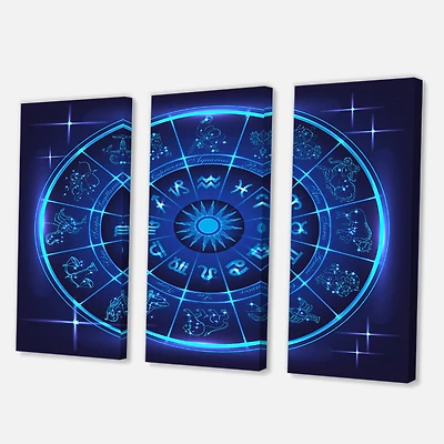 Designart - Neon Deep Blue Horoscope Circle With Zodiac Signs