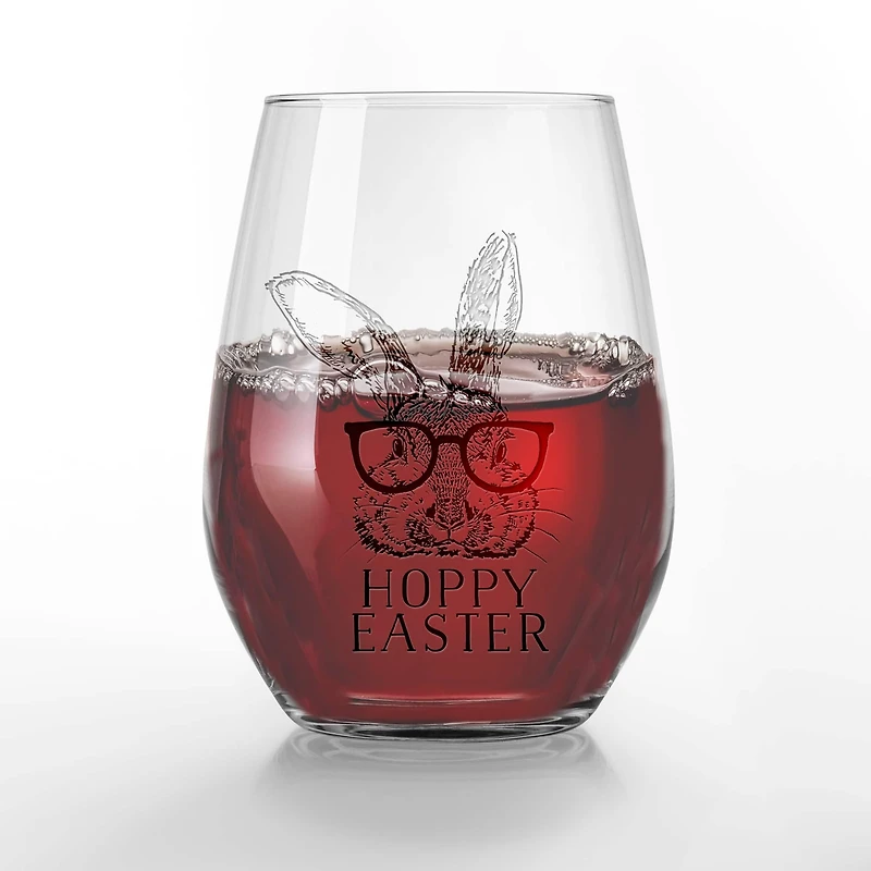 15oz. Hoppy Easter Bunny Glasses Engraved Stemless Wine Glass