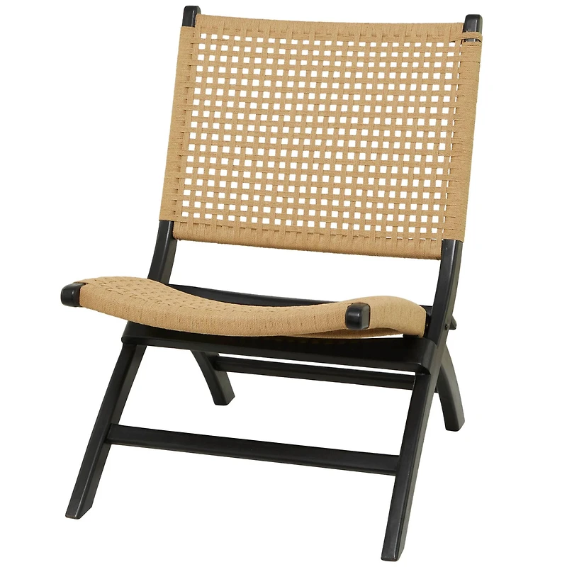 34" Black Wood Handmade Woven Folding Chair