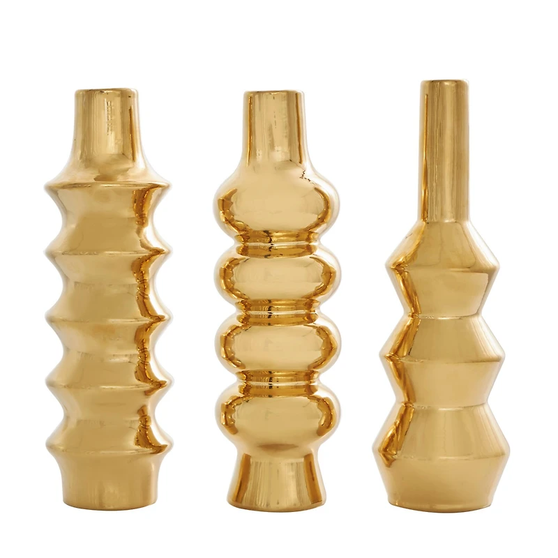 Gold Ceramic Abstract Bubble Ribbed Vase Set