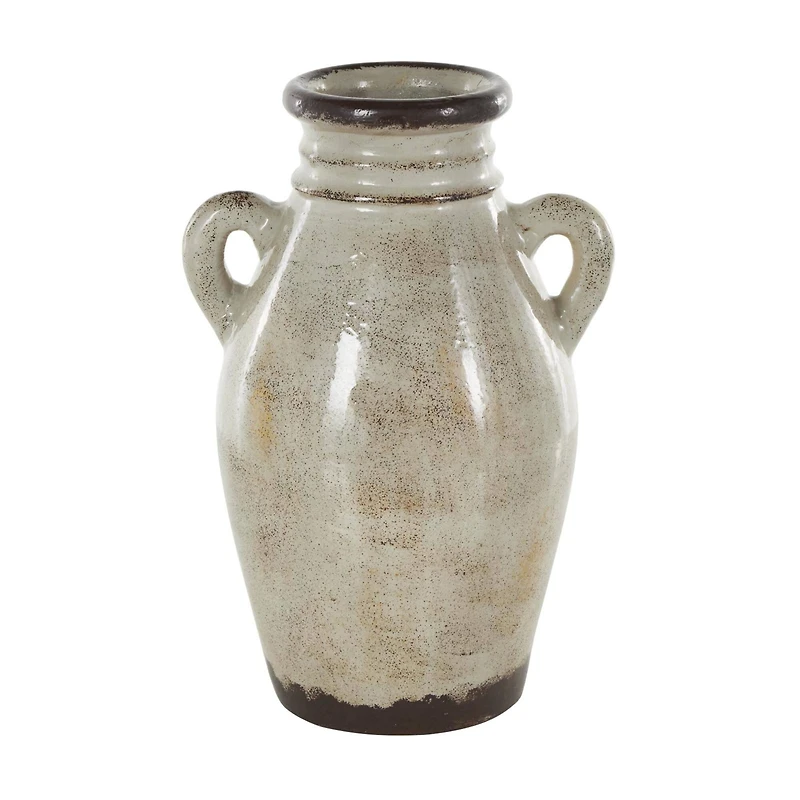 13.75" Cream Ceramic Antique Amphora Vase with Speckled Texturing