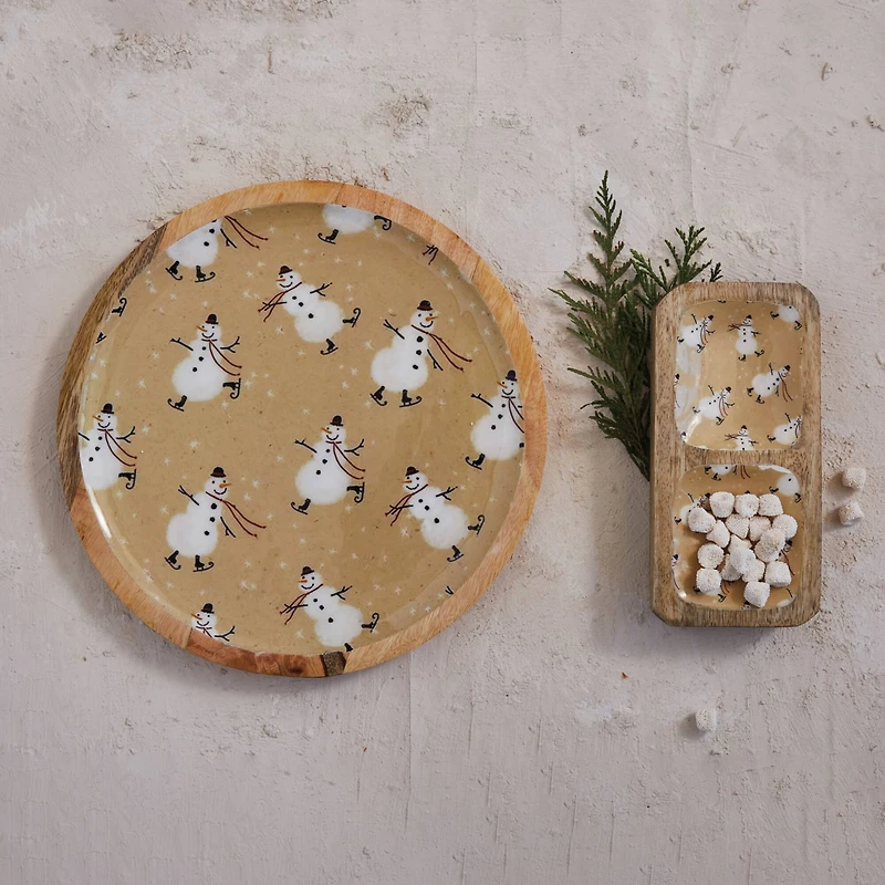 Hello Honey® 11.7" Round Snowman Enameled Mango Wood Tray
