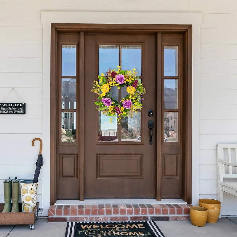 24" Yellow & Purple Peonies & Forsythia Spring Wreath