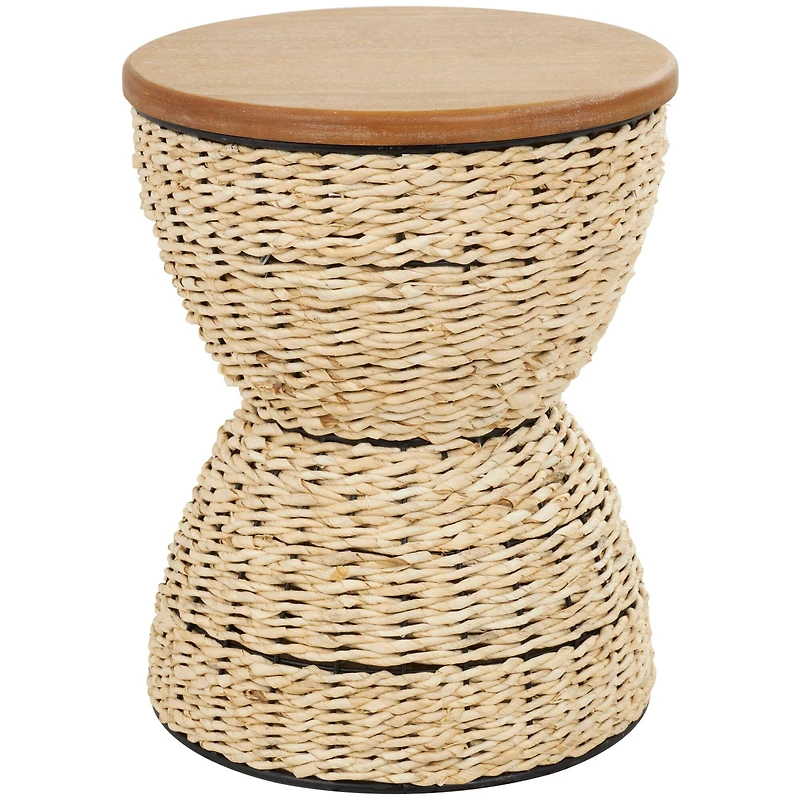 19" Rattan Woven Stool with Wood Tabletop and Black Frame