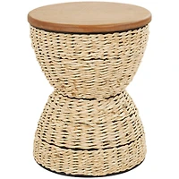19" Rattan Woven Stool with Wood Tabletop and Black Frame
