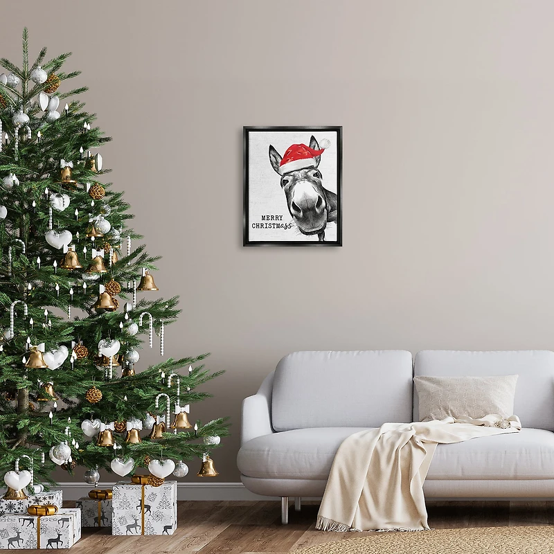 Stupell Industries Merry Christmass Funny Donkey Framed Floater Canvas Wall Art
