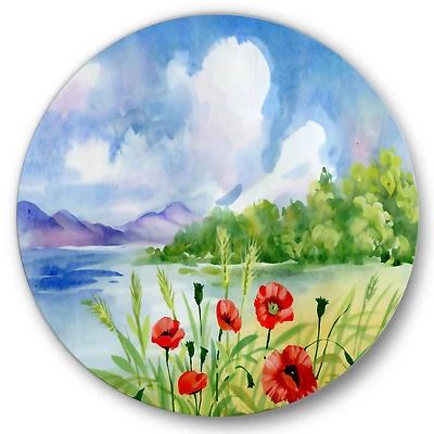 Designart - Red Tulips On The Bank Near A Mountain River