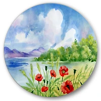 Designart - Red Tulips On The Bank Near A Mountain River