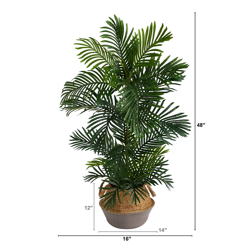 4ft. Areca Artificial Palm Tree in Boho Chic Handmade Cotton & Jute Gray Woven Planter UV Resistant (Indoor/Outdoor)