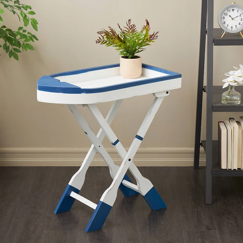 28" White & Blue Foldable Tray Top Accent Table
