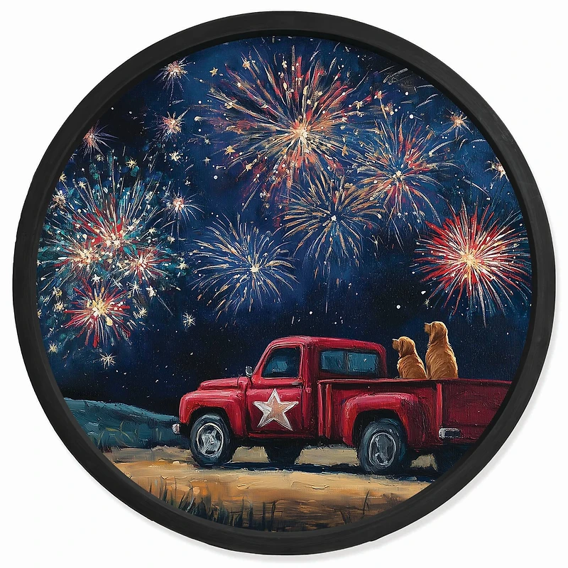 20" Goldens Watching Fireworks Round Framed Print