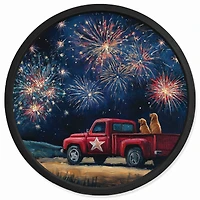 20" Goldens Watching Fireworks Round Framed Print
