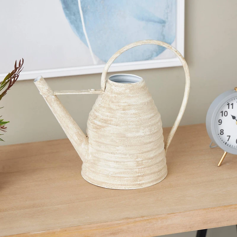 14" Cream Metal Beehive Shaped Watering Can Planter